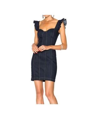 Cinq a Sept Mathis Denim Dress 8 Indigo Blue Ruffle Mini Sheath Fitted Contrast